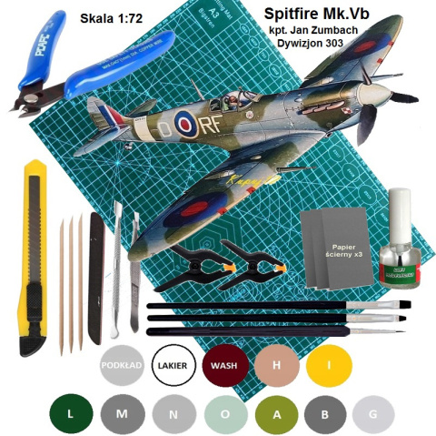 MODEL samolotu do sklejania SPITFIRE Mk.Vb + mata, farby, narzędzia MODEL samolotu do sklejania SPITFIRE Mk.Vb + mata, farby, narzędzia