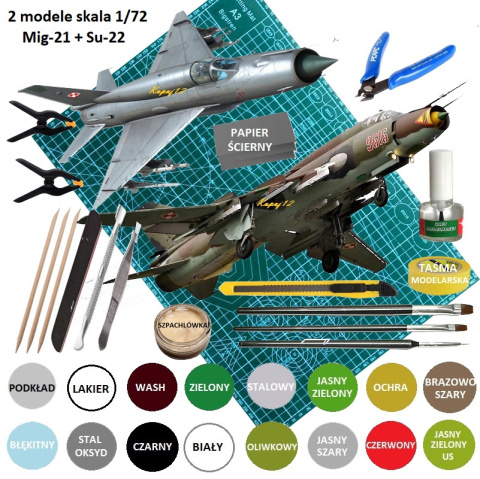 ZESTAW 2 MODELI samolotów MiG-21 oraz SU-22 Zestaw z matą, narzędziami i farbkami ZESTAW 2 MODELI samolotów MiG-21 oraz SU-22 Zestaw z matą, narzędziami i farbkami