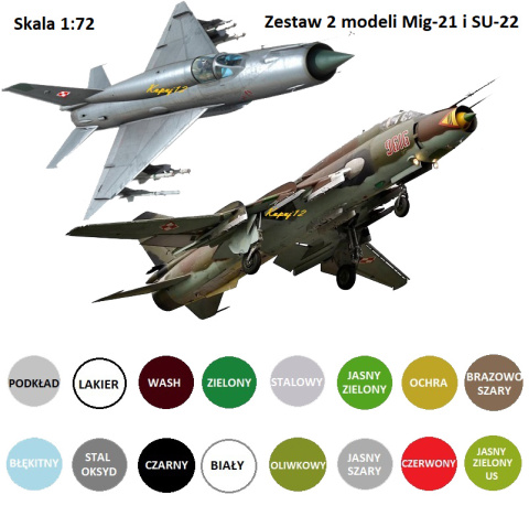 ZESTAW 2 MODELI samolotów MiG-21 + SU-22 + pokład, farby, lakier, wash