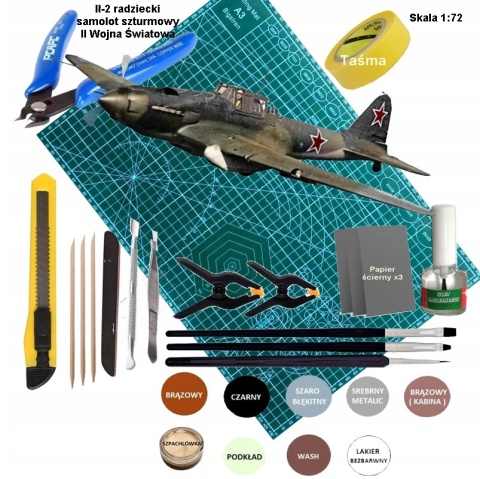 Model samolotu Iljuszyn Ił-2 Zestaw: farby, lakier, klej, pędzle, narzędzia