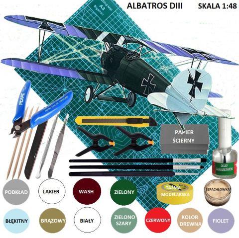 MODEL samolotu Albatros DIII + mata, farby, lakier,klej, wash, taśma.....
