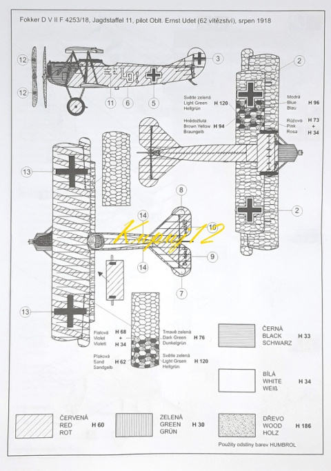 Model samolotu do sklejania FOKKER D-VII + podkład, farby, lakier