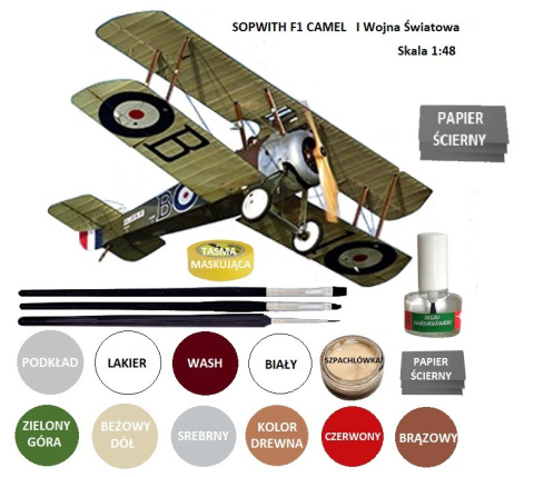 MODEL Samolotu SOPWITH CAMEL +podkład, farby, klej, pędzelki modelarskie...