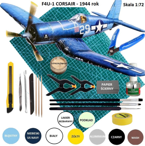 MODEL do sklejania F4U-1 Corsair, samolot lotnictwa marynarki wojennej USA, mata, klej, pędzelki, farby..... ZESTAW STARTOWY MODEL do sklejania F4U-1 Corsair, samolot lotnictwa marynarki wojennej USA, mata, klej, pędzelki, farby..... ZESTAW STARTOWY