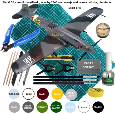 PLASTIKOWY MODEL samolotu do sklejania Fiat G.55 + mata A3 samogojąca, klej do modeli, farby... ZESTAW dla modelarza na start PLASTIKOWY MODEL samolotu do sklejania Fiat G.55 + mata A3 samogojąca, klej do modeli, farby... ZESTAW dla modelarza na start