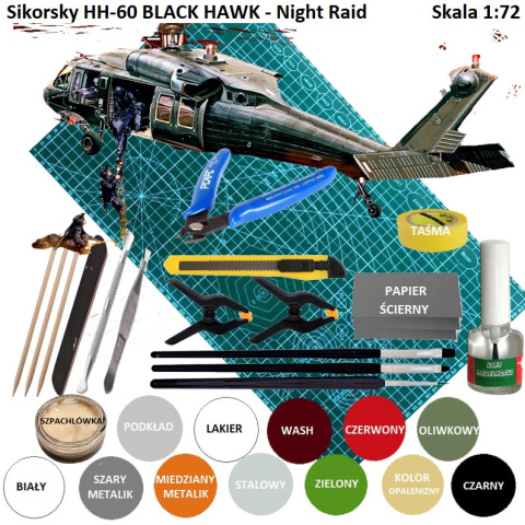 PLASTIKWY MODEL śmigłowc helikopter UH-60 Black Hawk "Night Raid" mata, farby do modeli, lakier... ZESTAW STARTOWY MODELARZA PLASTIKWY MODEL śmigłowc helikopter UH-60 Black Hawk "Night Raid" mata, farby do modeli, lakier... ZESTAW STARTOWY MODELARZA