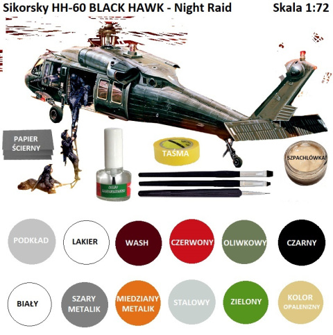 PLASTIKWY MODEL śmigłowc helikopter UH-60 Black Hawk "Night Raid" podkład, farby do modeli, lakier... ZESTAW STARTOWY MODELARZA