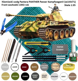 MODEL czołg do sklejania Pantera Panzer PANTHER A + mata samogojąca do cięcia A3, klej, farby akrylowe do plastikowych modeli...