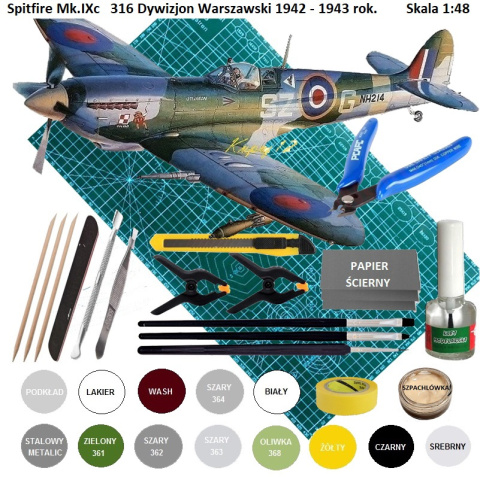 MODEL plastikowego samolotu do sklejania Spitfire Mk.IXc Polski 316 Dywizjon Warszawski + mata, lakier, farby, klej, pędzle MODEL plastikowego samolotu do sklejania Spitfire Mk.IXc Polski 316 Dywizjon Warszawski + mata, lakier, farby, klej, pędzle