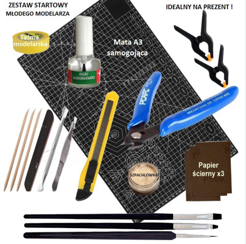 MATA modelarska II + Zestaw startowy narzędzi i przyborów modelarskich. Pędzelki, klej, cążki, taśma, pilnik, mata samogojąca A3 MATA modelarska II + Zestaw startowy narzędzi i przyborów modelarskich. Pędzelki, klej, cążki, taśma, pilnik, mata samogojąca A3