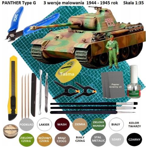 MODEL CZOŁG do sklejania Pantera Tank Panther Type G + mata, klej, podkład, lakier, farby, wash, ziemia do zabrudzeń .. 1:35 MODEL CZOŁG do sklejania Pantera Tank Panther Type G + mata, klej, podkład, lakier, farby, wash, ziemia do zabrudzeń .. 1:35