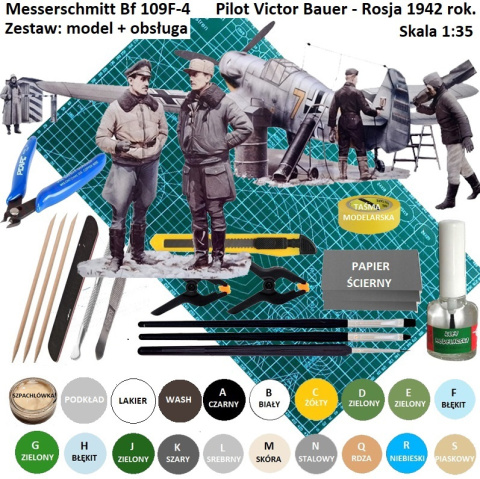 MODEL samolot Messerschmitt Bf 109F-4 z personelem naziemnym, 1:48 , mata samogojąca A3, klej, zestaw farb, podkład, pędzle ...