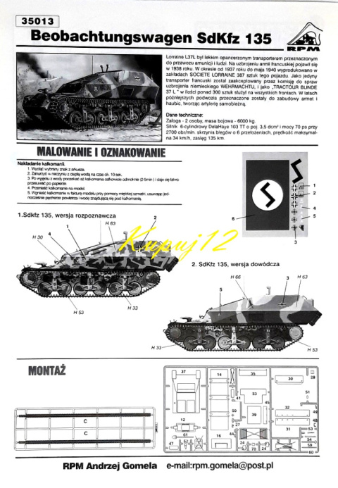 CZOŁG niemiecki pojazd dowodzenia SdKfz 135 Beobachtungswagen RPM Skala 1:35 CZOŁG niemiecki pojazd dowodzenia SdKfz 135 Beobachtungswagen RPM Skala 1:35