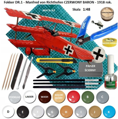 MODEL samolot Fokker Dr.1 Triplane 1:48 Lothar von Richthofen RED BARON + mata, farba modelarska, podkład do modeli, pędzle... MODEL samolot Fokker Dr.1 Triplane 1:48 Lothar von Richthofen RED BARON + mata, farba modelarska, podkład do modeli, pędzle...