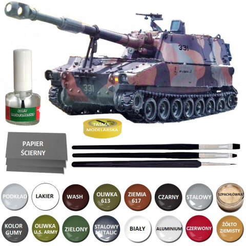 CZOŁG, amerykańska haubica samobieżna M109 + klej, 3 pędzelki, farby, podkład, lakier, skala 1:35 CZOŁG, amerykańska haubica samobieżna M109 + klej, 3 pędzelki, farby, podkład, lakier, skala 1:35