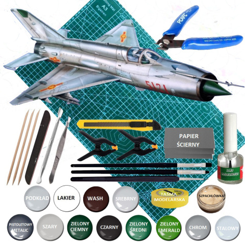 MODEL samolotu do sklejania Mig-21 Wietnam + mata modelarska A3, klej, podkład, farby, lakier, 3 pędzelki.... MODEL samolotu do sklejania Mig-21 Wietnam + mata modelarska A3, klej, podkład, farby, lakier, 3 pędzelki....