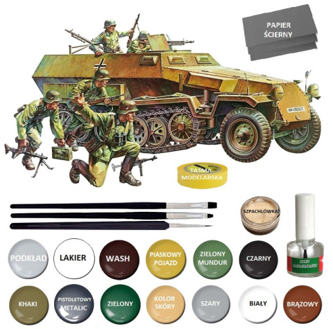 NIEMIECKI transporter opancerzony Hanomag Sdk.Fz.251 + 3 pędzle, klej, farby, podkład, lakier, skala 1:35