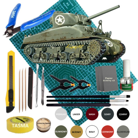 SHERMAN M4A1 Amerykański czołg Zestaw, mata, farby, klej pędzle, narzędzia SHERMAN M4A1 Amerykański czołg Zestaw, mata, farby, klej pędzle, narzędzia