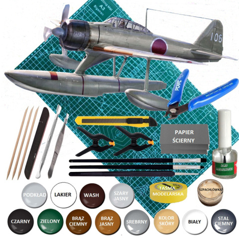 NAKAJIMA A6M2-N plastikowy model do sklejania samolotu+ mata modelarska A3, klej, pędzel x3, farby, lakier