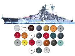 OKRĘT, niemiecki pancernik , Bismarck skala 1:700+ zestaw farb modelarskich z fabą podkładową....
