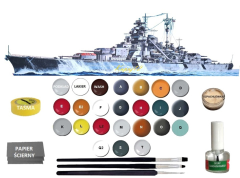 OKRĘT, niemiecki pancernik , Bismarck skala 1:700+ zestaw farb modelarskich z fabą podkładową....