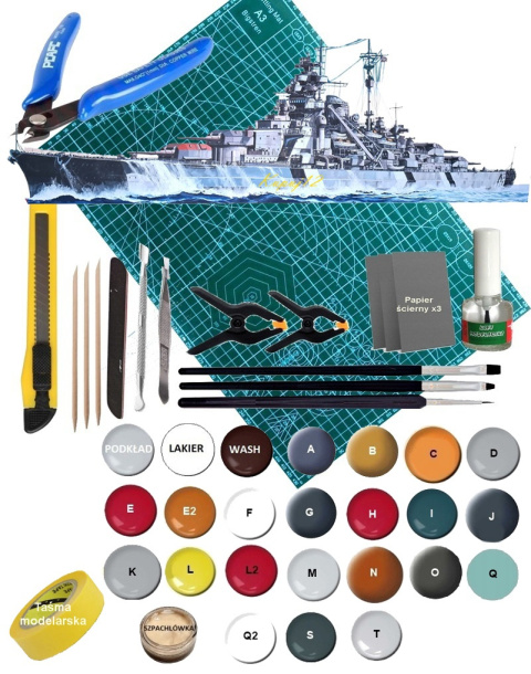OKRĘT, niemiecki pancernik , Bismarck skala 1:700+ zestaw farb modelarskich z fabą podkładową....