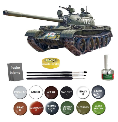 MODEL T-55A radziecki czołg Zestaw: farby, lakier, klej pędzle, taśma, wash MODEL T-55A radziecki czołg Zestaw: farby, lakier, klej pędzle, taśma, wash