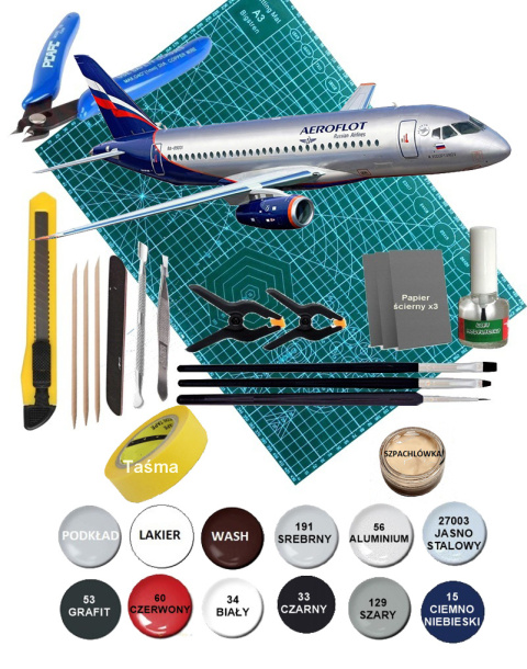 SUPERJET 100 duży plastikowy model do sklejania samolotu pasażerskiego + farby.... SUPERJET 100 duży plastikowy model do sklejania samolotu pasażerskiego + farby....