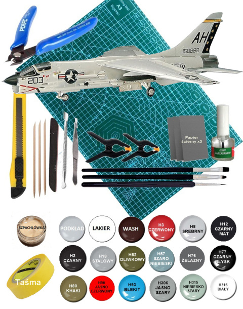 MODEL samolotu F-8E CRUSADER + mata, podkład, farby, lakier,klej, narzędzia MODEL samolotu F-8E CRUSADER + mata, podkład, farby, lakier,klej, narzędzia