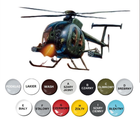 MODEL amerykańskiego śmigłowca AH-6 Night Fox Italeri Skala 1:72 + farby MODEL amerykańskiego śmigłowca AH-6 Night Fox Italeri Skala 1:72 + farby