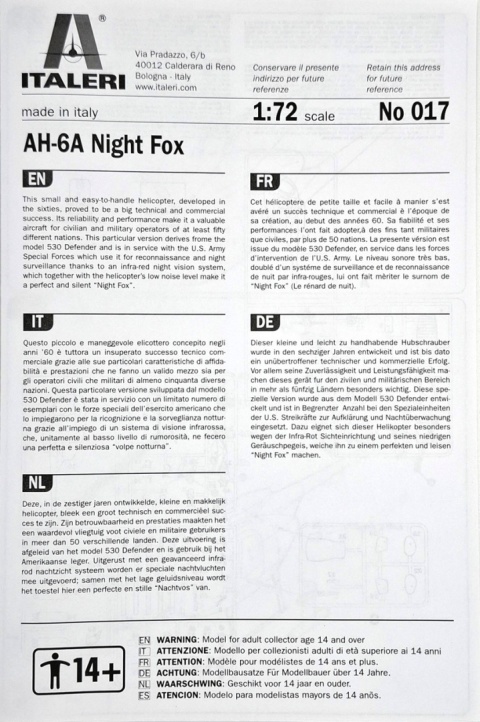 MODEL amerykańskiego śmigłowca AH-6 Night Fox Italeri Skala 1:72 + farby