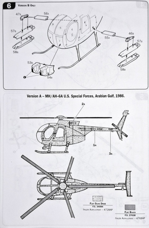 MODEL amerykańskiego śmigłowca AH-6 Night Fox Italeri Skala 1:72 + farby