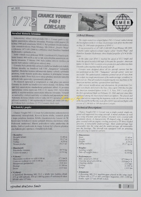 MODEL samolotu do sklejania F4U-1 Corsair Smer Skala 1 :72 0835