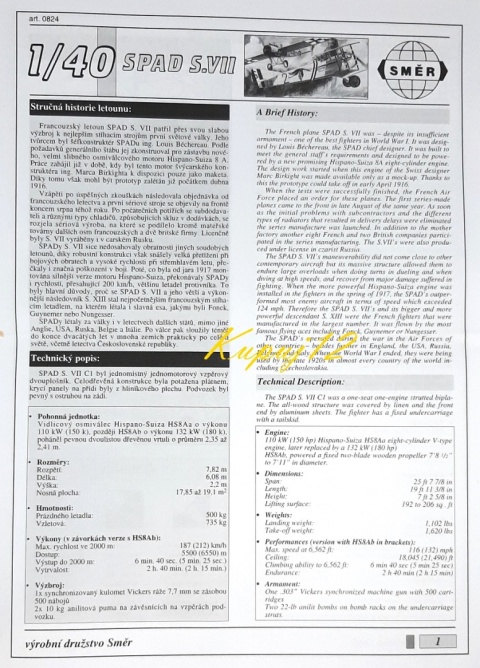 MODEL samolotu do sklejania SPAD S.VII Smer Skala 1 :40 0824