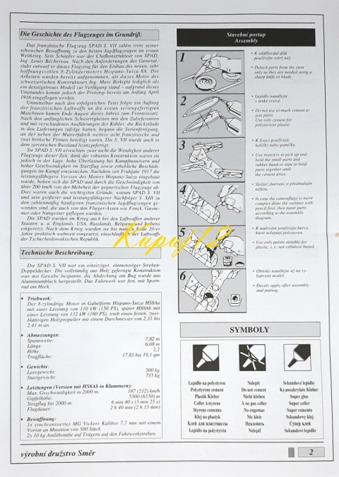 MODEL samolotu do sklejania SPAD S.VII Smer Skala 1 :40 0824