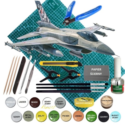 MODEL samolot do sklejania F-16C Fighting Falcon polski + zestaw, mata, farby,lakier