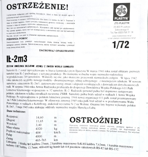 PLASTIKOWY model samolotu IŁ-2 m3 , polska wersja Plastyk Skla 1:72_S004