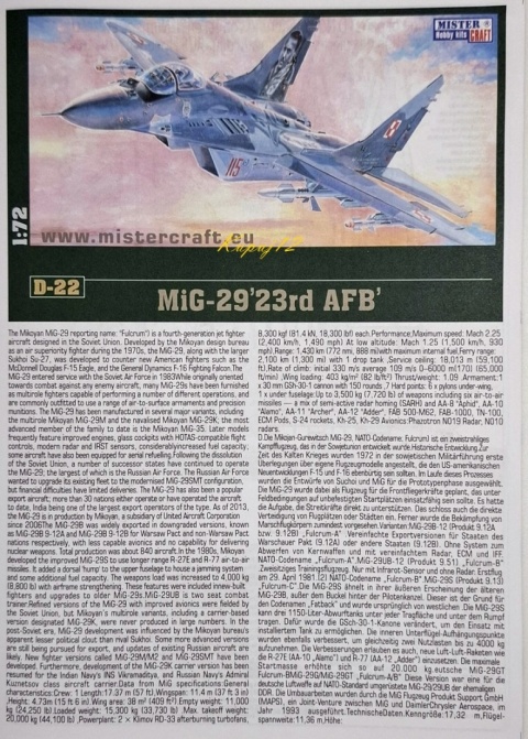 MODEL plastikowy samolot zestaw modelarski MiG-29M 23rd MisterCraft skala 1:72 MODEL plastikowy samolot zestaw modelarski MiG-29M 23rd MisterCraft skala 1:72